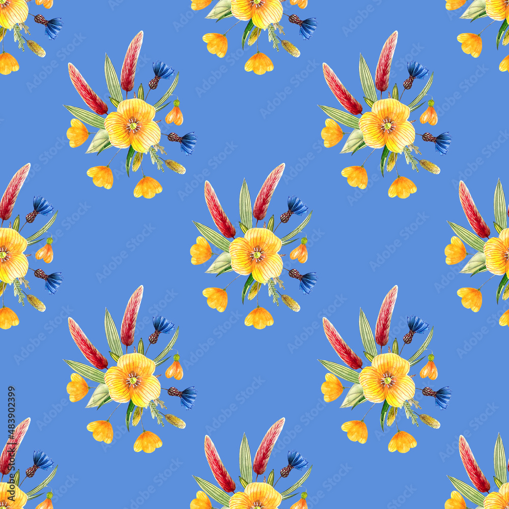 Obraz premium Romantic seamless pattern with wild flowers on a blue background. Illustration for fabrics, dresses, interiors, bed textile, packaging, invitation, postcards, wedding 