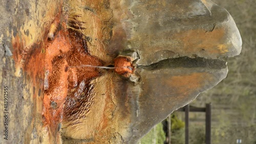 Iron mineral water spring spouting out of stone. Tesikov Czech Republic