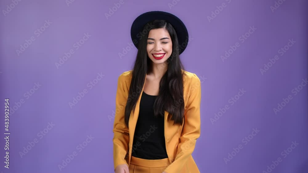 Lady promoter make thumb up ads isolated vibrant color background Lady promoter make thumb up ads isolated vibrant color background