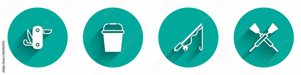 Set Swiss army knife, Fishing bucket, rod and Crossed oars or paddles boat icon with long shadow. Vector Set Swiss army knife, Fishing bucket, rod and Crossed oars or paddles boat icon with long shadow. Vector