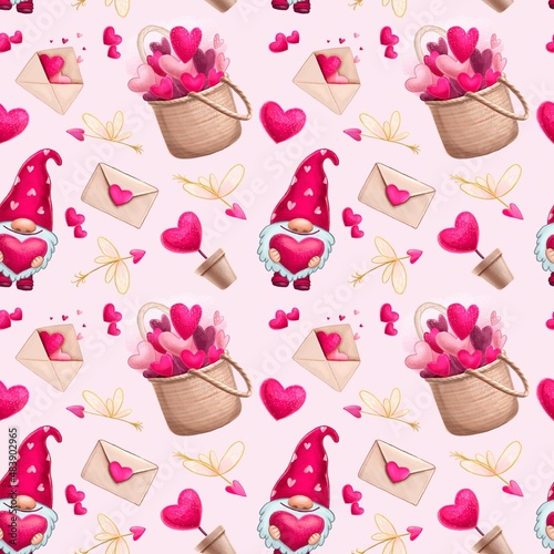 Valentine's Day. Basket with hearts, gnome, envelope. Seamless pattern, print design for clothing, textiles, packaging