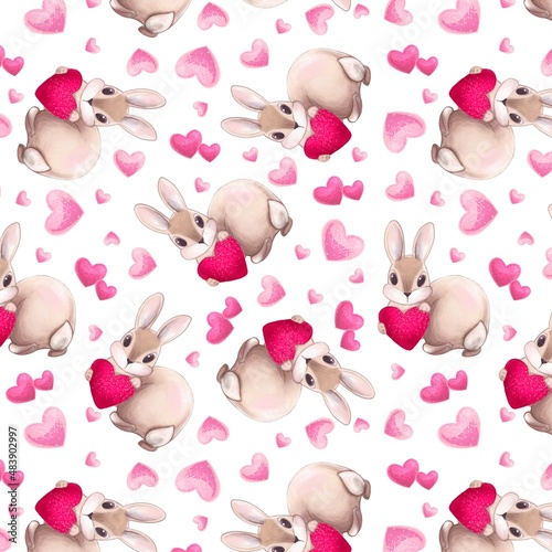 Valentine's Day. Rabbit with heart. Seamless pattern, print design for clothing, textiles, packaging.