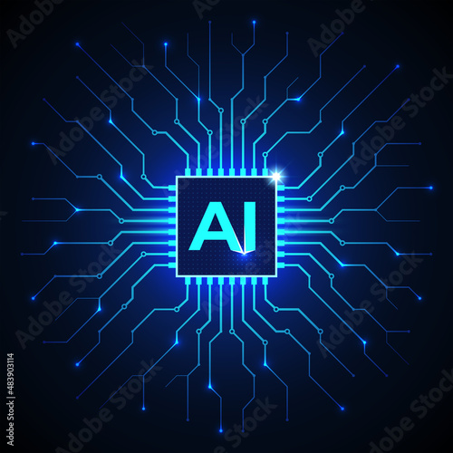 Artificial intelligence, ai. Abstract processor, computer digital chip, printed circuit board. Dark blue technology background, template, design element for web banner, poster. Vector cyber graphics