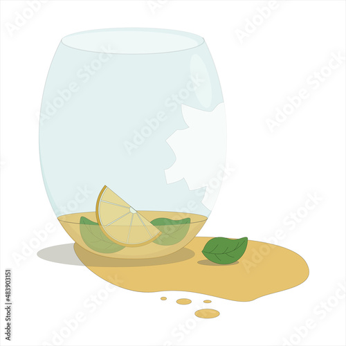 broken glass with leftover orange juice
