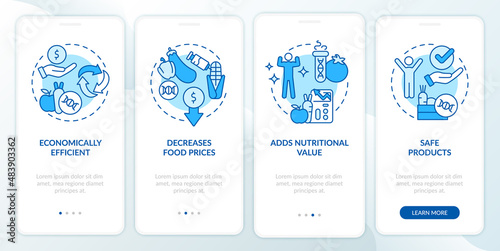 Advantages of gmo blue onboarding mobile app screen. Food issues walkthrough 4 steps graphic instructions pages with linear concepts. UI, UX, GUI template. Myriad Pro-Bold, Regular fonts used