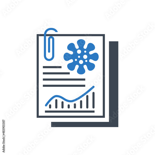 Analysis related vector glyph icon. Study report on sheets of paper with the image of the virus and graphs. Isolated on white background. Editable eps. Vector illustration