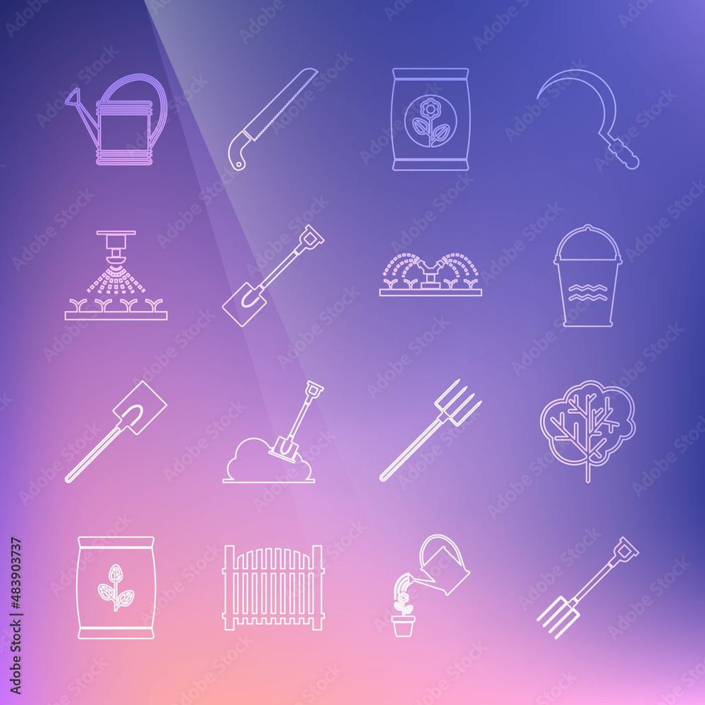 Set line Garden pitchfork, Tree, Bucket, Fertilizer bag, shovel, Automatic irrigation sprinklers, Watering can and icon. Vector Set line Garden pitchfork, Tree, Bucket, Fertilizer bag, shovel, Automatic irrigation sprinklers, Watering can and icon. Vector