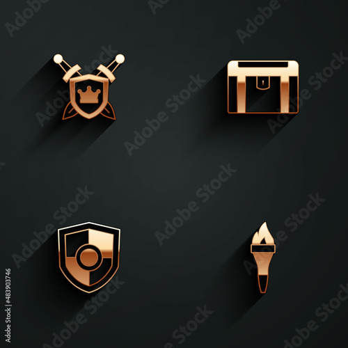 Set Shield with swords, Antique treasure chest, and Torch flame icon with long shadow. Vector