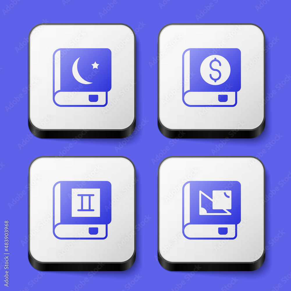 Set Holy book of Koran, Financial, Book and about geometry icon. White square button. Vector Set Holy book of Koran, Financial, Book and about geometry icon. White square button. Vector