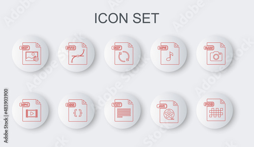 Set line PNG file document, MP4, GIF, AVI, SVG, CSS and TXT icon. Vector