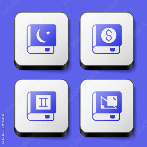 Set Holy book of Koran, Financial, Book and about geometry icon. White square button. Vector
