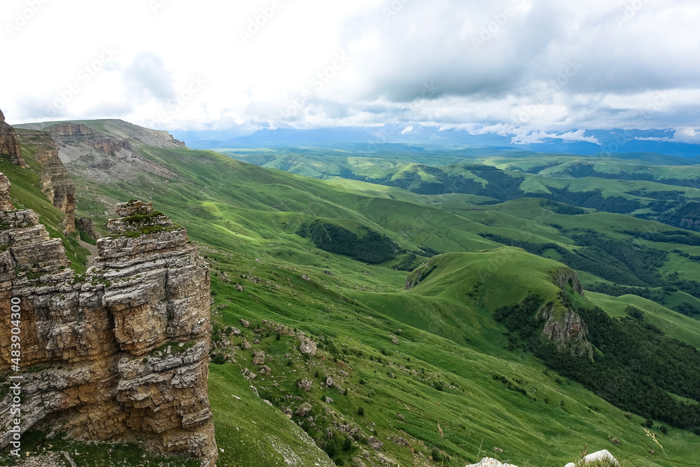 Naklejka premium View of the mountains and the Bermamyt plateau in the Karachay-Cherkess Republic, Russia.