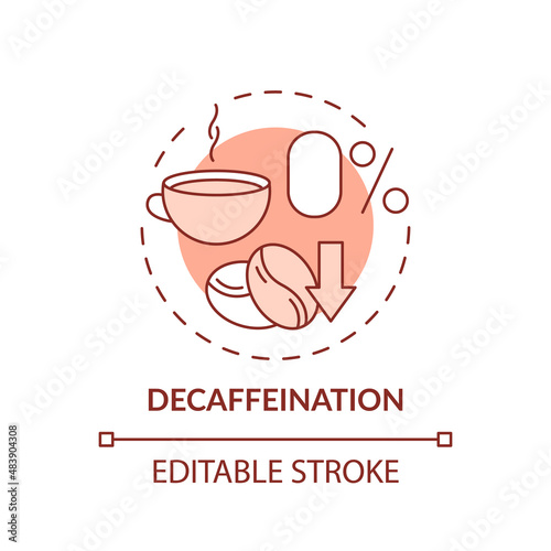 Decaffeination red concept icon. Zero caffeine beverage. Food technology abstract idea thin line illustration. Isolated outline drawing. Editable stroke. Arial, Myriad Pro-Bold fonts used