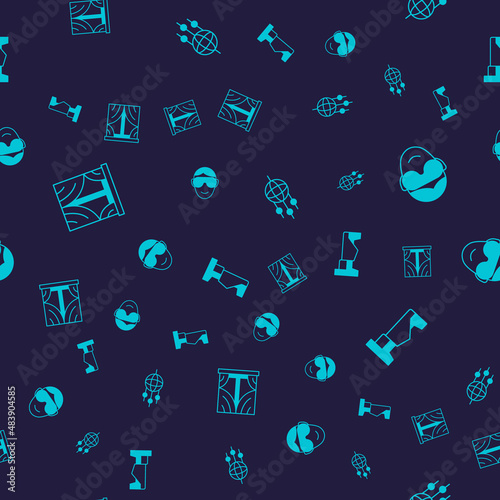 Set Window with curtains, Eye sleep mask, Dream catcher feathers and Bed on seamless pattern. Vector