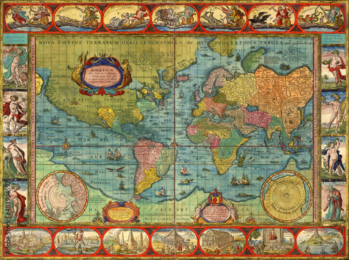 Antique World Map 1649. Raster retro illustration.