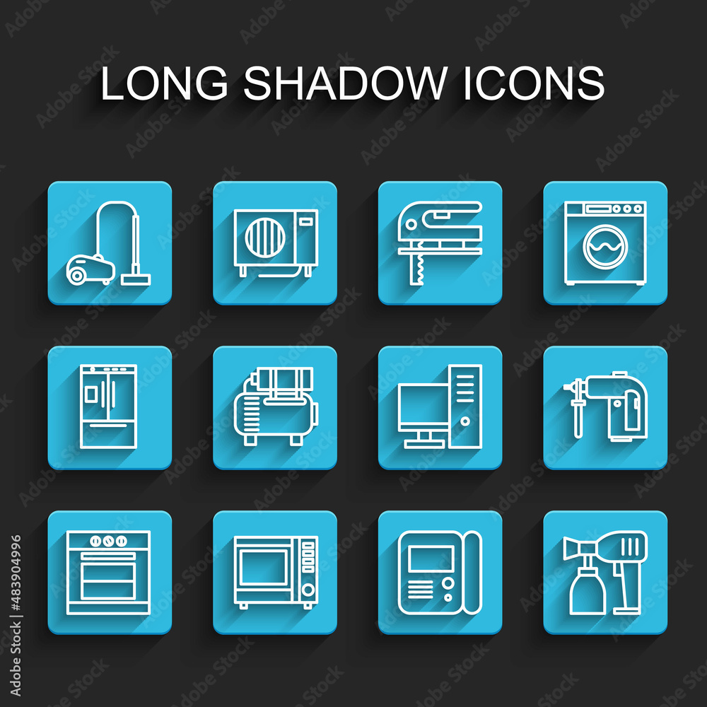 Set line Oven, Microwave oven, Vacuum cleaner, House intercom system, Paint spray gun, Air compressor, Rotary hammer drill machine and Computer monitor icon. Vector Set line Oven, Microwave oven, Vacuum cleaner, House intercom system, Paint spray gun, Air compressor, Rotary hammer drill machine and Computer monitor icon. Vector