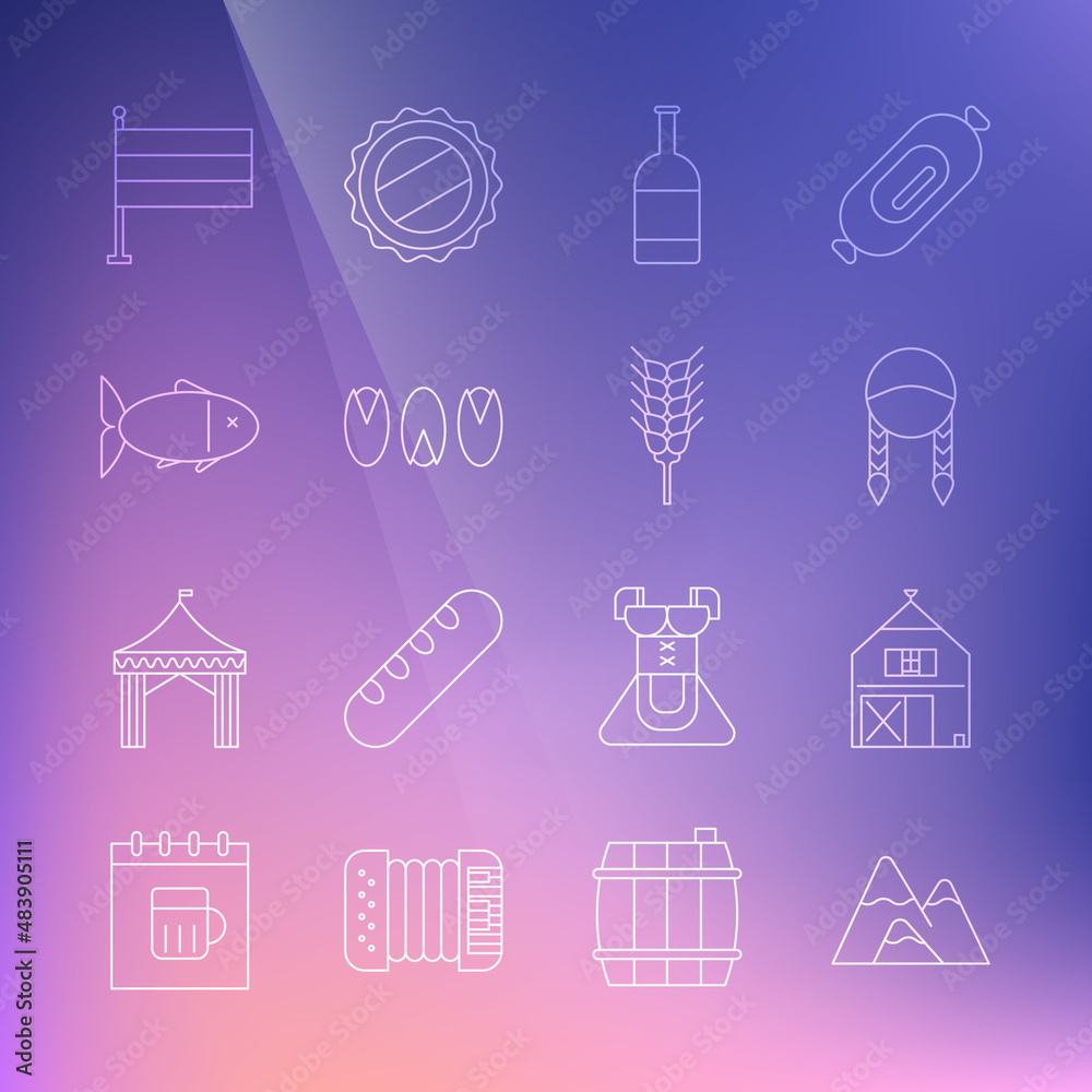 Set line Mountains, Farm House, Braid, Beer bottle, Pistachio nuts, Fish, National Germany flag and Wheat icon. Vector Set line Mountains, Farm House, Braid, Beer bottle, Pistachio nuts, Fish, National Germany flag and Wheat icon. Vector