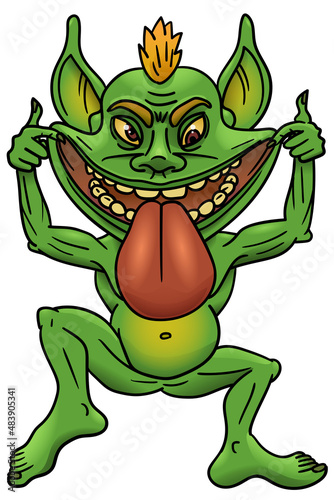 A cartoon troll jumps on his leg and makes a face.