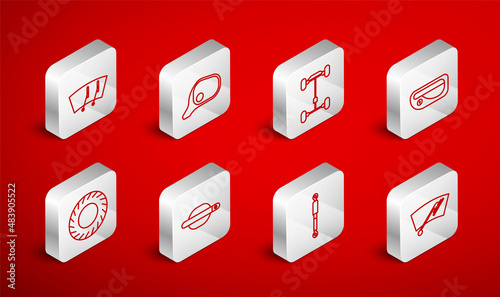 Set line Windscreen wiper, Car mirror, Chassis car, door handle, Shock absorber, and tire icon. Vector