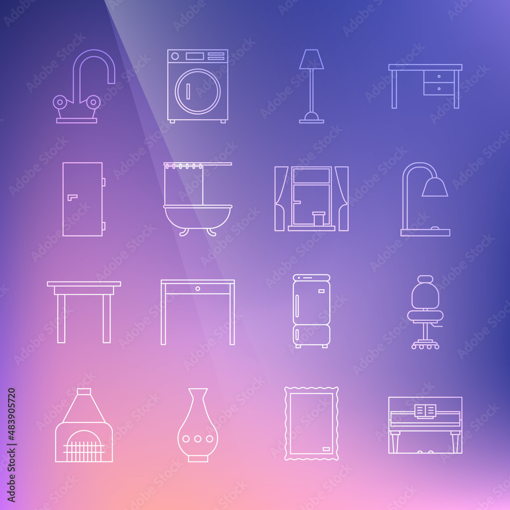 Set line Grand piano, Office chair, Table lamp, Floor, Bathtub with shower curtain, Closed door, Water tap and Window curtains icon. Vector Set line Grand piano, Office chair, Table lamp, Floor, Bathtub with shower curtain, Closed door, Water tap and Window curtains icon. Vector