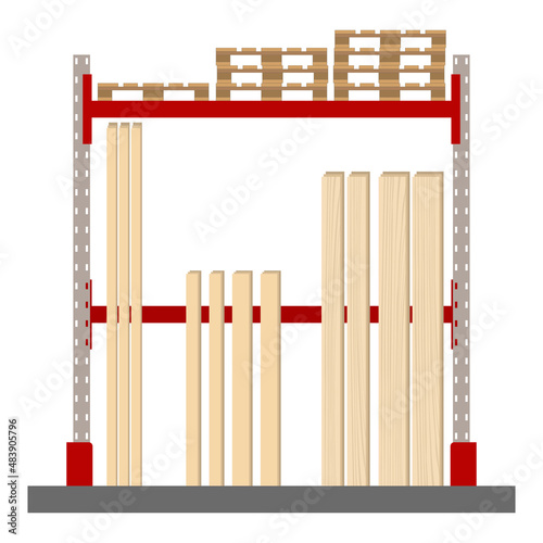 Metal racks for a warehouse with pallets and lumber. Flat design, front view. Vector illustration.