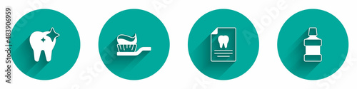 Set Tooth whitening, Toothbrush with toothpaste, Clipboard dental card and Mouthwash icon with long shadow. Vector
