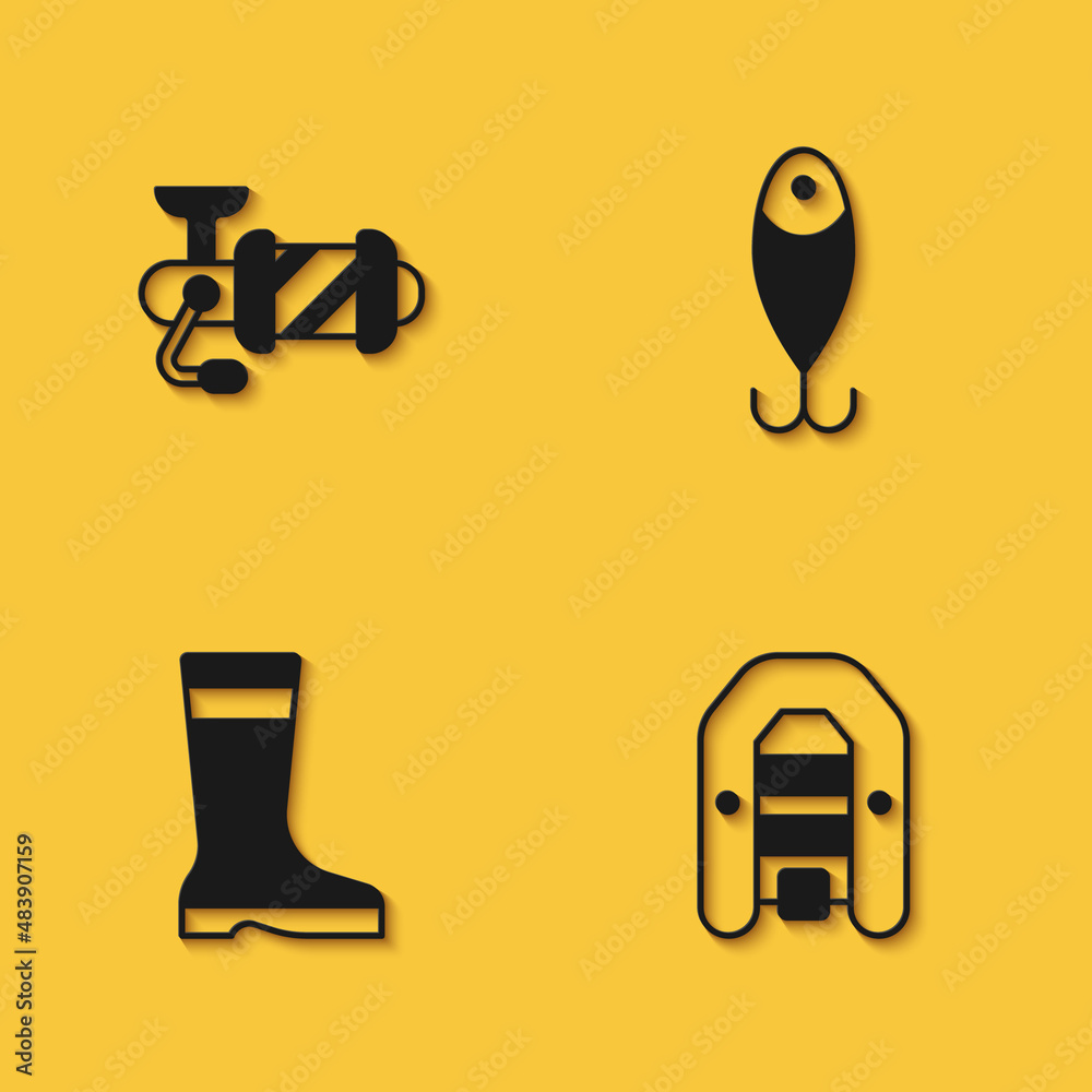 Set Spinning reel for fishing, Inflatable boat with motor, Fishing boots and lure icon with long shadow. Vector