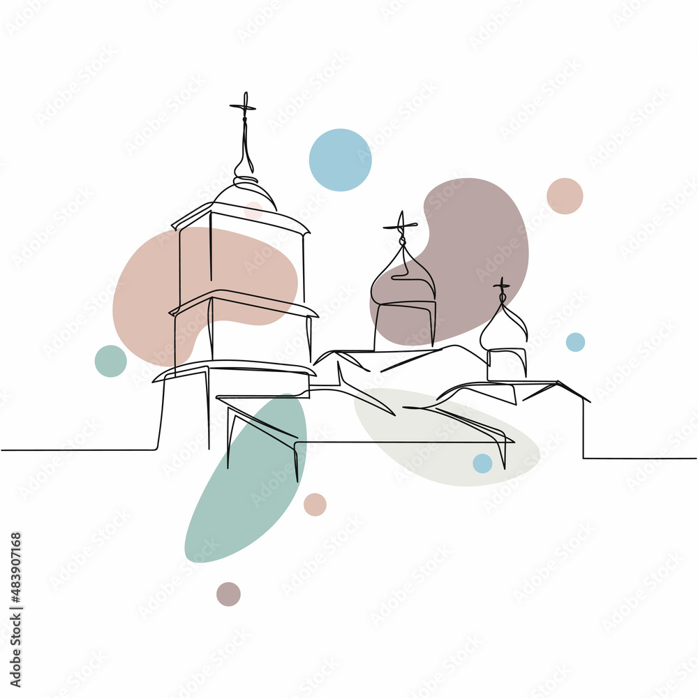 Continuous one simple single abstract line drawing of church religion concept icon in silhouette on a white background. Linear stylized. Continuous one simple single abstract line drawing of church religion concept icon in silhouette on a white background. Linear stylized.