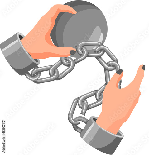 Hands tied with iron chain with ball, handcuffed hands, symbol of slavery, bondage, restriction of freedom. Dependency concept, inactive person. Addiction of character on something, confines on action