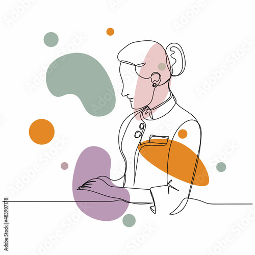 Continuous one simple single abstract line drawing of flight attendant in silhouette on a white background. Linear stylized.