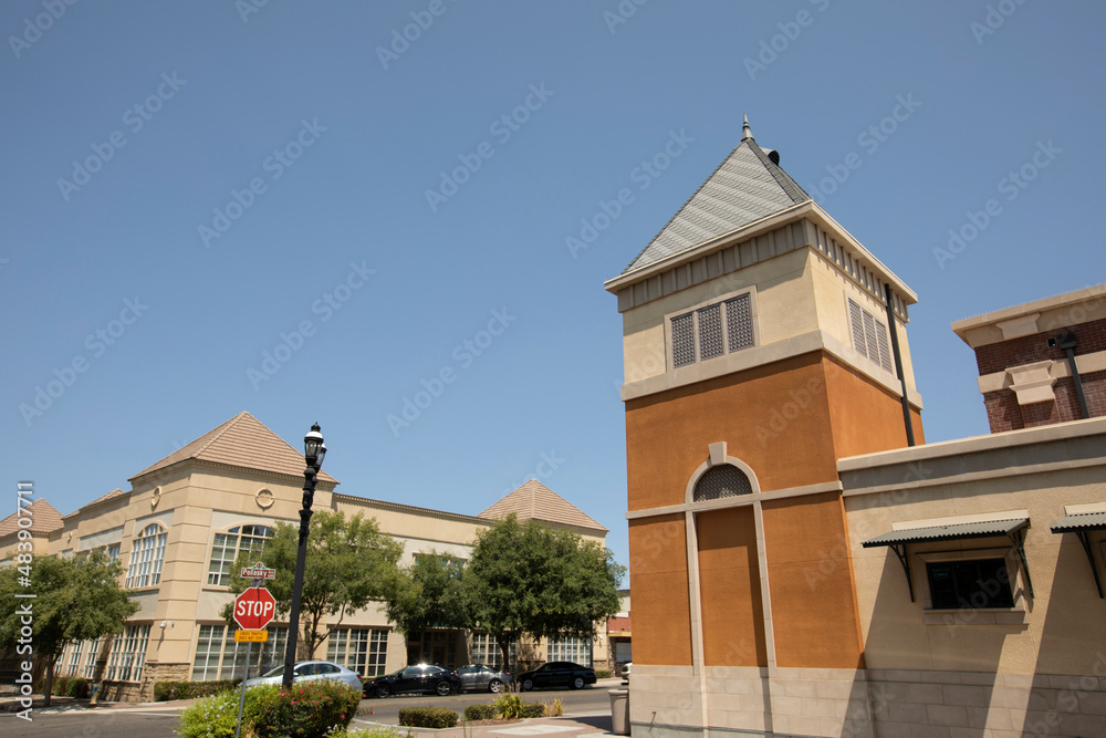 Fototapeta premium Afternoon sunny city view of historic downtown Clovis, California, USA