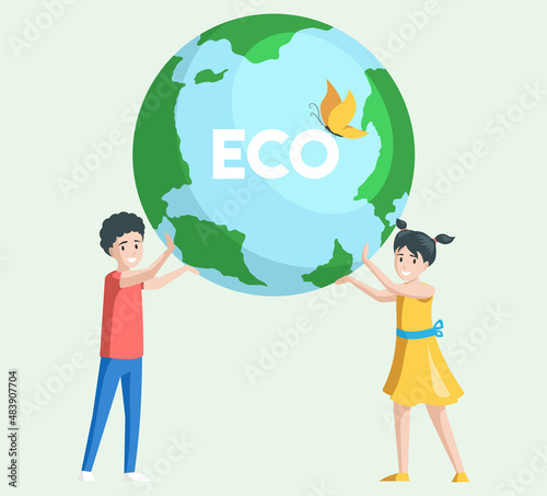 Children care about environment. Group of people or ecologists taking care of Earth and saving planet. Environmental protection, use of eco friendly or sustainable technology, green ecosystem