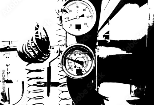 Black and white illustration - manometers for measuring pressure in pipes on a white background