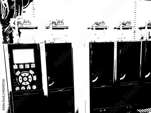Black and white illustration - frequency converters in an electrical cabinet on a white background