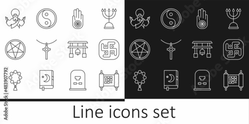 Set line Decree, paper, parchment, scroll, Jainism, or Dharma, Christian cross on chain, Pentagram circle, Jesus, Japan Gate and Yin Yang icon. Vector