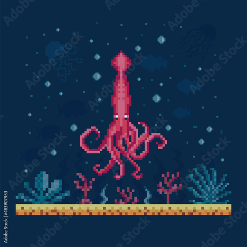 Pixel Art Squid on Seabed Landscape