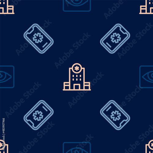 Set line Red eye effect, Emergency call 911 and Hospital building on seamless pattern. Vector