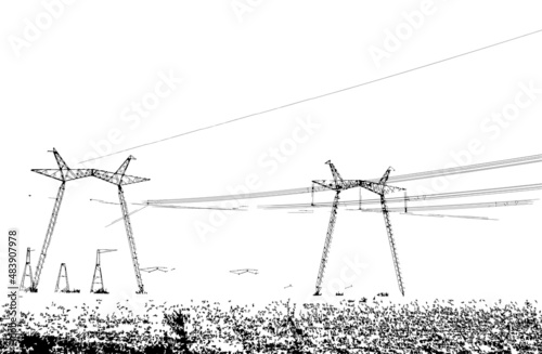 Black and white illustration - high voltage power line on a white background