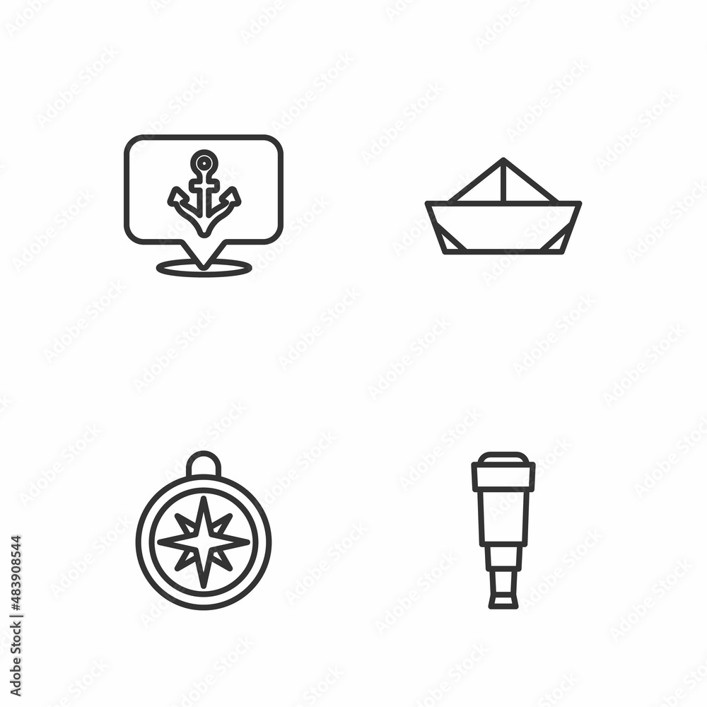 Set line Spyglass telescope lens, Compass, Anchor and Folded paper boat icon. Vector Set line Spyglass telescope lens, Compass, Anchor and Folded paper boat icon. Vector