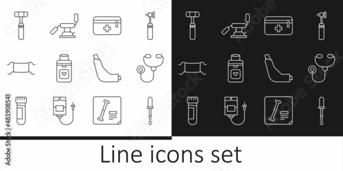 Set line Pipette, Stethoscope, First aid kit, Organ container, Medical protective mask, Neurology reflex hammer, Inhaler and dental chair icon. Vector