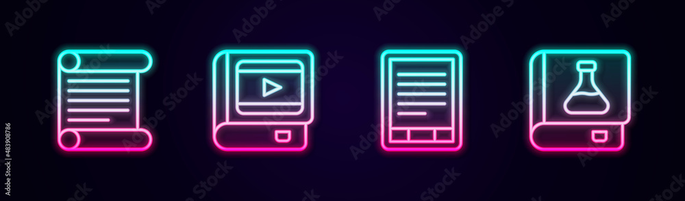 Set line Decree, parchment, scroll, Book about cinema, E-Book reader and Chemistry book. Glowing neon icon. Vector Set line Decree, parchment, scroll, Book about cinema, E-Book reader and Chemistry book. Glowing neon icon. Vector