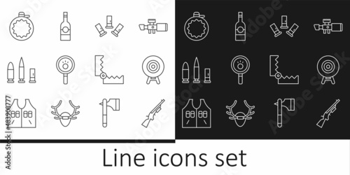 Set line Shotgun, Target sport, Cartridges, Paw search, Bullet and cartridge, Canteen water bottle, Trap hunting and Bottle of vodka icon. Vector