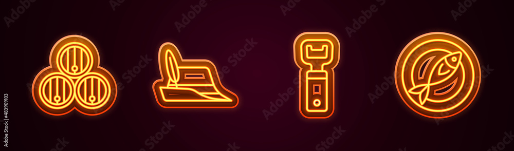 Set line Wooden barrel, Oktoberfest hat, Bottle opener and Dried fish. Glowing neon icon. Vector Set line Wooden barrel, Oktoberfest hat, Bottle opener and Dried fish. Glowing neon icon. Vector
