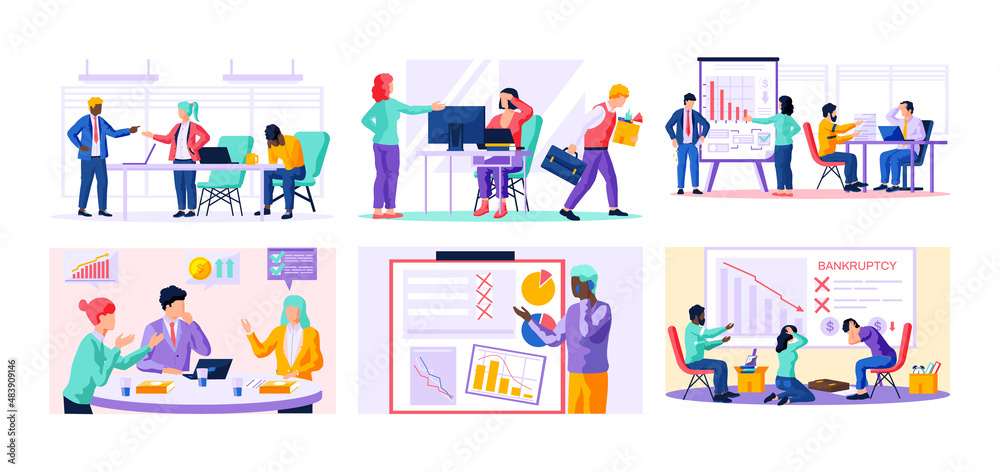 Depressed people suffer from bankruptcy of enterprise. Set of illustrations about company ruin, business failure and finance crisis. Colleagues scared of business disruption, decrease in profit Depressed people suffer from bankruptcy of enterprise. Set of illustrations about company ruin, business failure and finance crisis. Colleagues scared of business disruption, decrease in profit