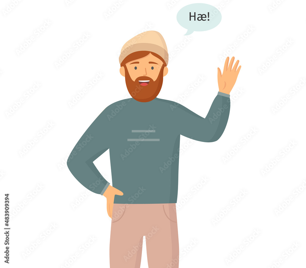 Different nations representatives waving hand. Bearded adult man in casual clothes say hello. Character flap his hand friendly isolated on white. Guy waving hand saying hi, makes greeting gesture