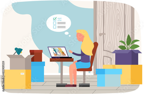 Woman moving to new house or office puts her things in cardboard boxes, removal, change of place of residence. Moving to new apartment, relocation. Person packs things to shipping. Rental of premises