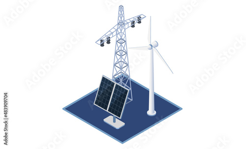 Smart alternative energy concept with solar panels, wind turbines, battery storage, high voltage electricity power transmission grid. Modern facilities of energy industry. Energy production objects