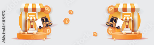 shopping and crypto on phone Banner Vector illustration 3d banking BTC gold cion cash trade money market sell business.