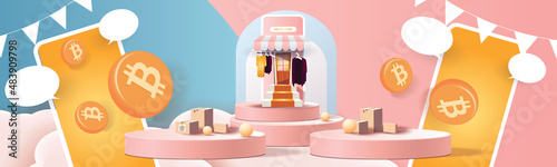 shopping and crypto on phone Banner Vector illustration 3d banking BTC gold cion cash trade money market sell business.