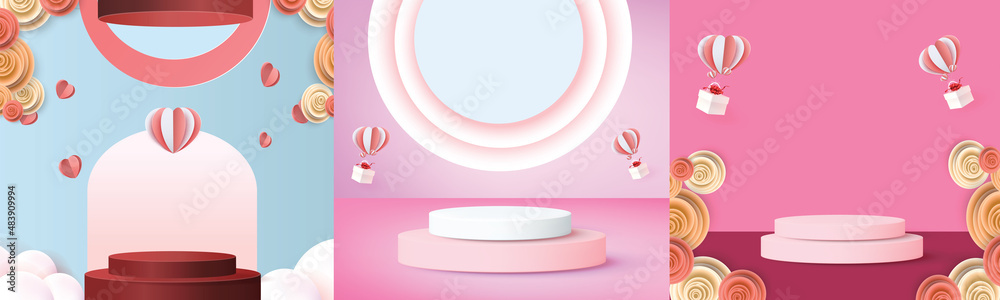 3d podium red product background for valentine.pink and heart love romance concept design vector illustation decoration banner 3d podium red product background for valentine.pink and heart love romance concept design vector illustation decoration banner